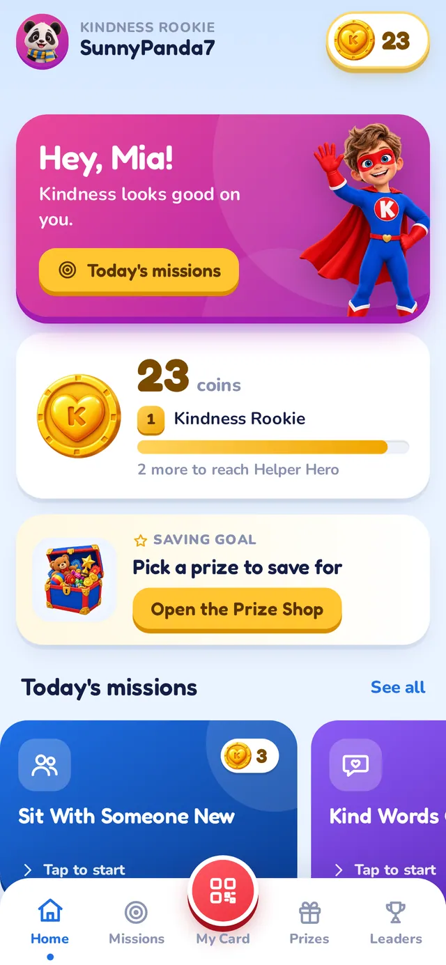 The Kindness Games app home screen showing coins, level and today's missions