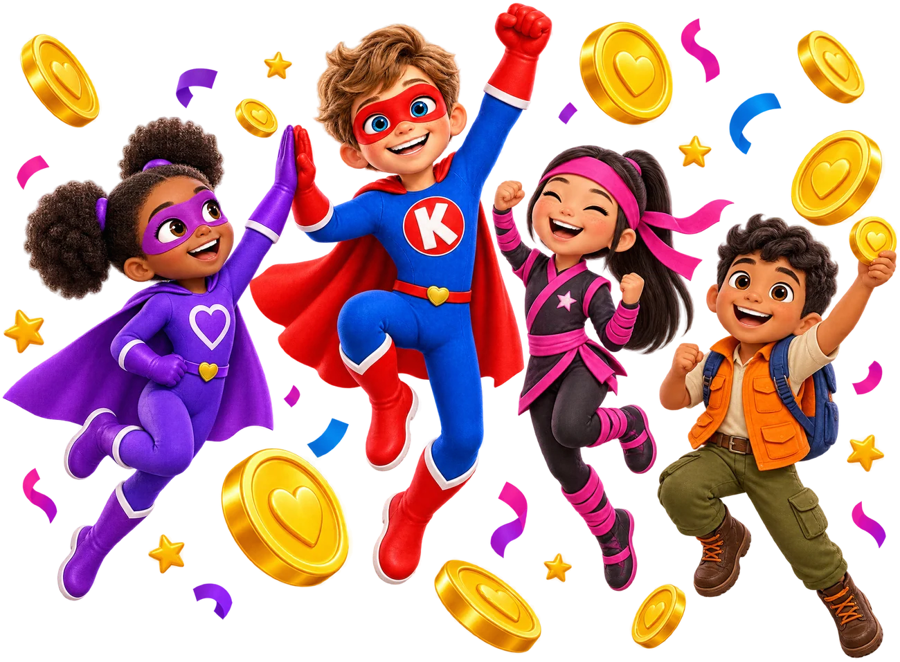 Kindness Kid and friends celebrating with Kindness Coins