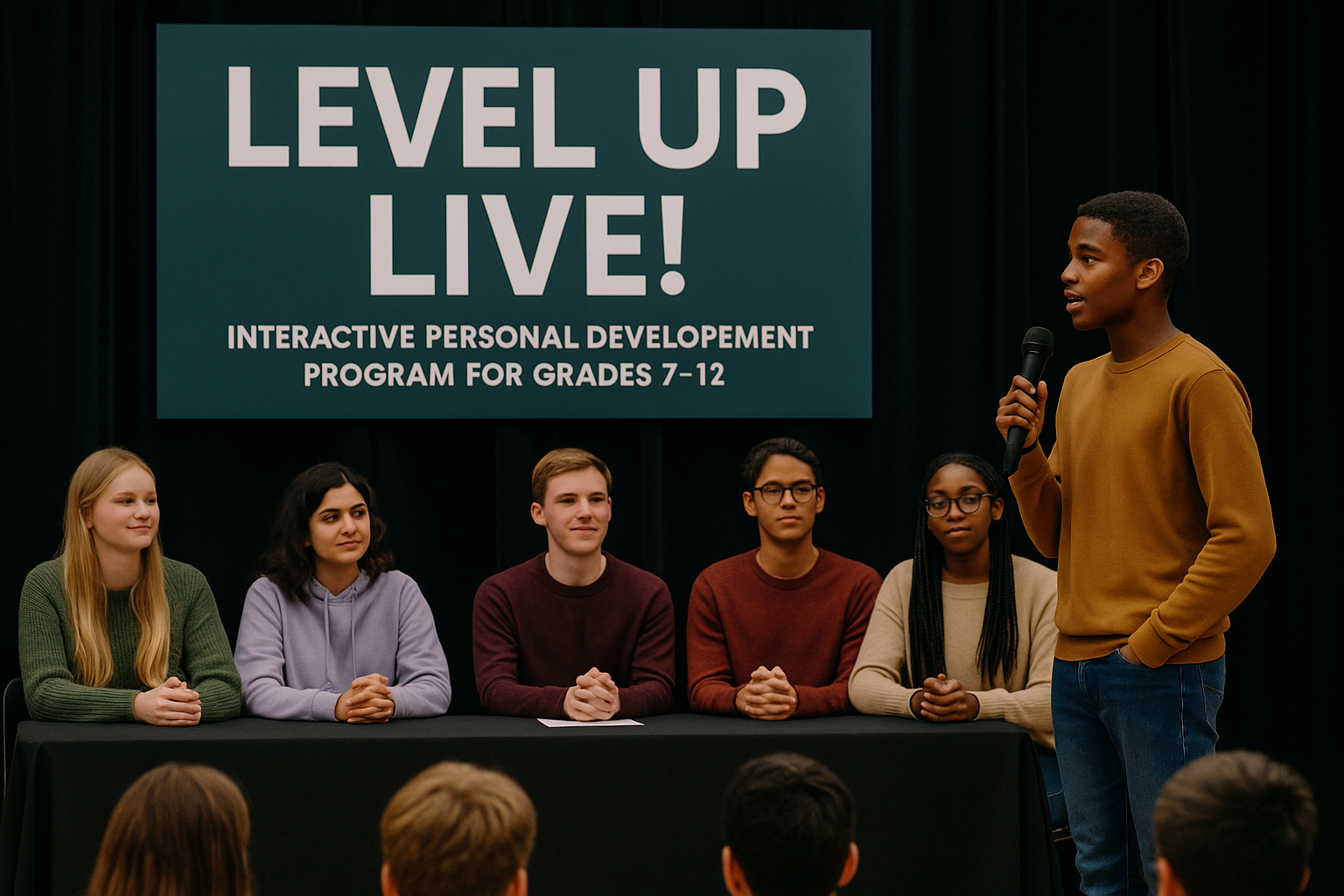 A young person speaking confidently into a microphone.